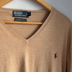 Polo by Ralph Lauren Tan V-Neck Sweater with Red Polo Emblem